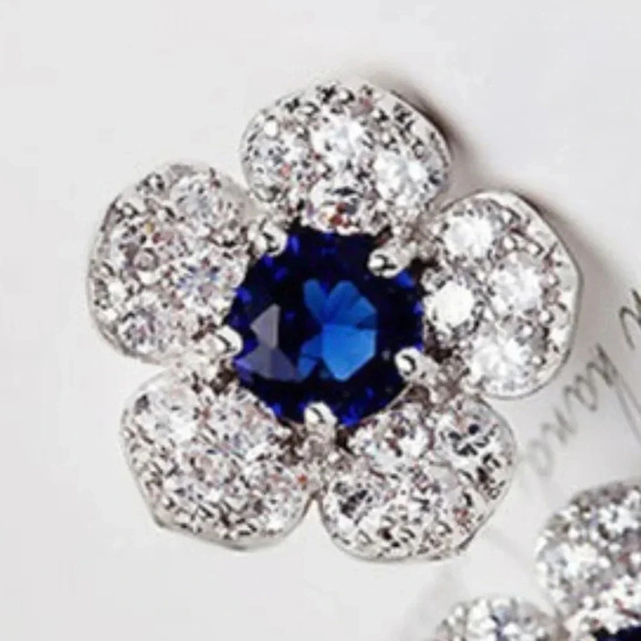 Sapphire Blue Pave Crystal Flower Stud Earrings - Picture 4 of 4
